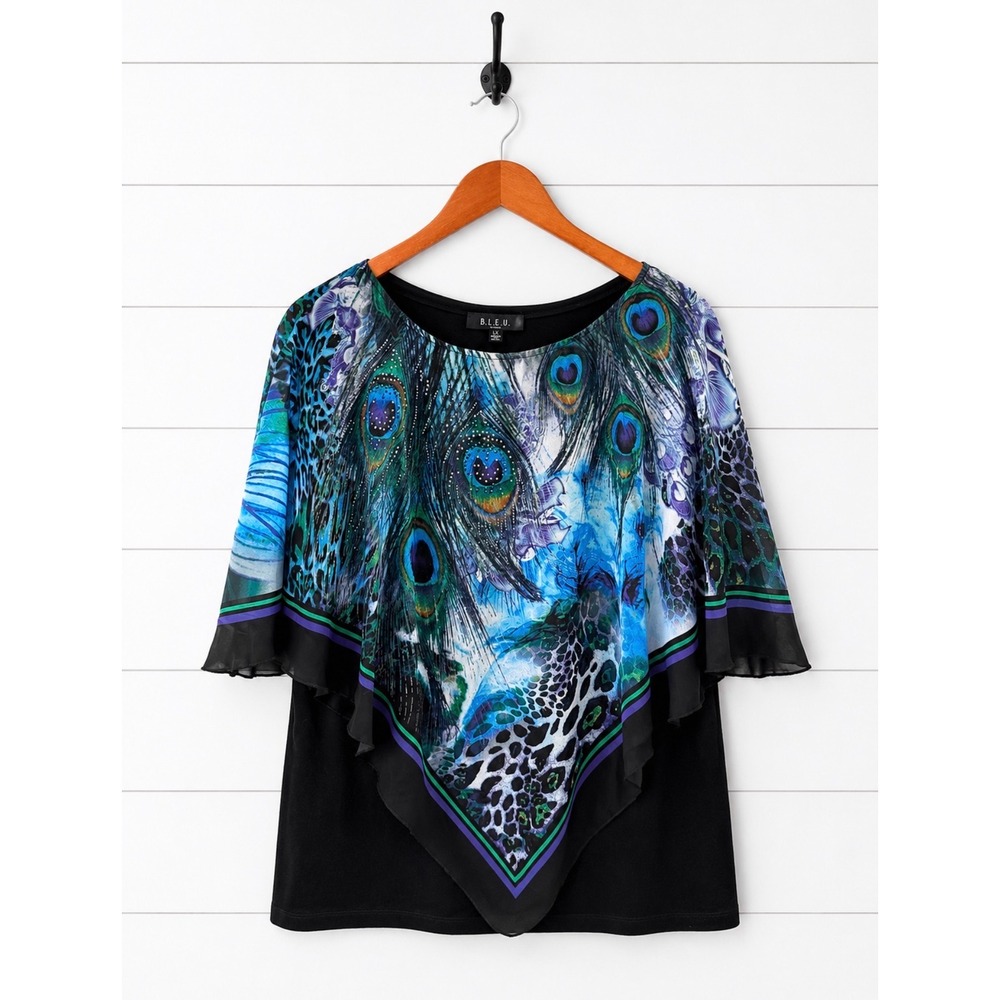 B.L.E.U. Woman Peacock Leopard Print Rhinestone Poncho Top Black Blue 1X Comfort